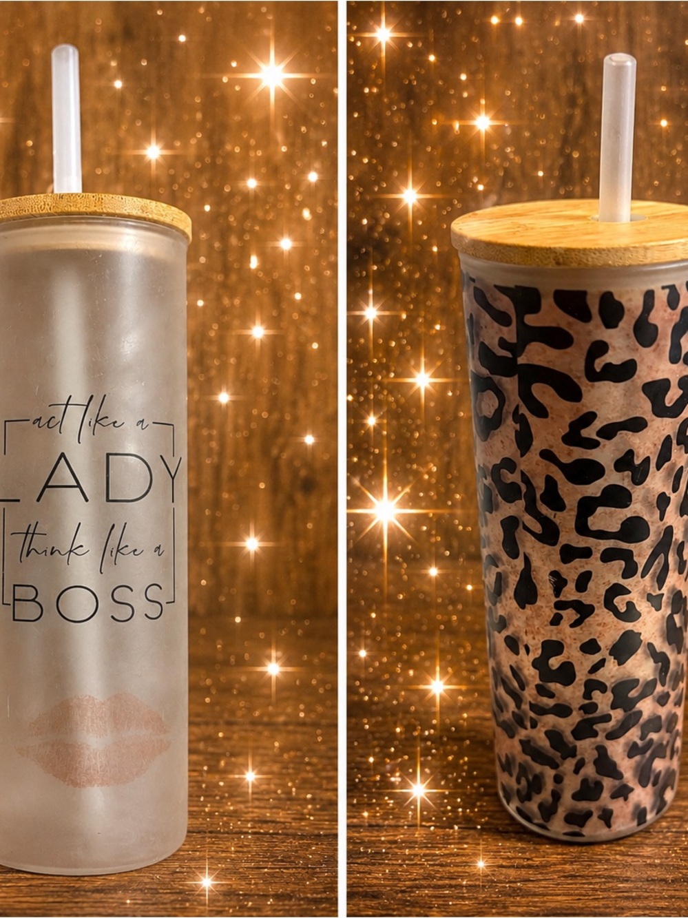 Leopard & Metallic Pink 'Lady Boss' Tumbler with Bamboo Lid